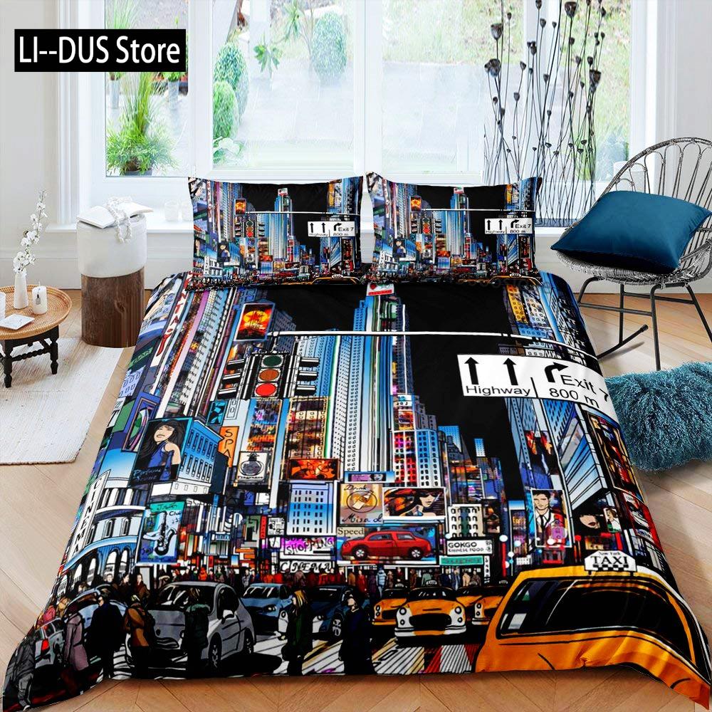 New York Duvet Cover Set, Skyline Print Decorative 3 Piece Bedding Set with 2 Pillow Shams, Twin Full Queen King Size Room Decor