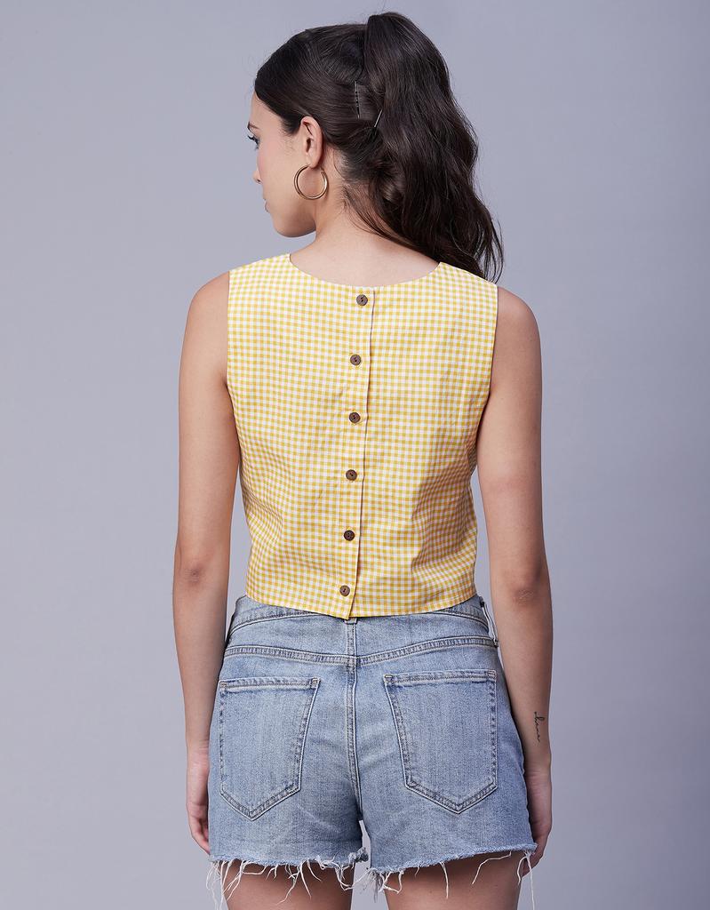 Moomaya Women  s Printed Sleeveless Cotton Short Top, Round Neck Blouse Crop Top, Buttoned