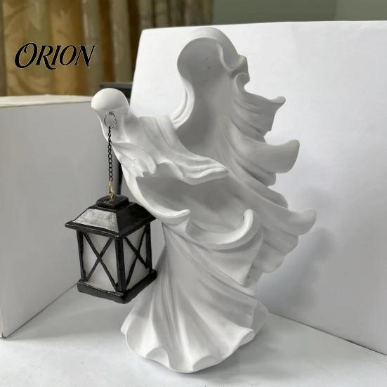 Seasonal Holiday Garden Ornaments Halloween Ghost Messenger Resin Figurine, Witch Statue with Lantern, Waterproof Indoor Outdoor Decorative