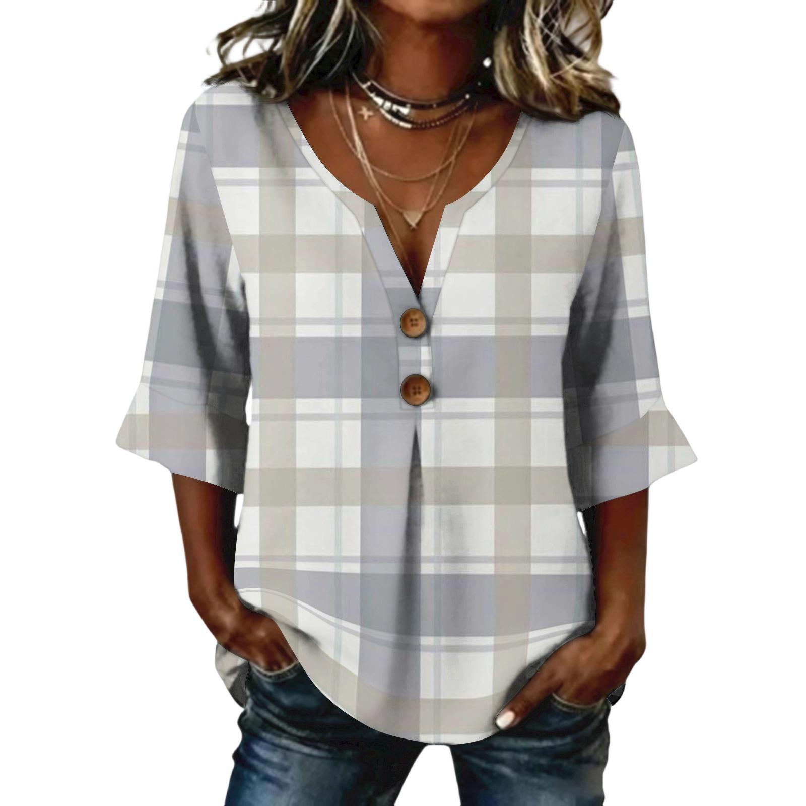 Ladies  plaid printed button casual V-neck fashionable seven quarter sleeve top L белый