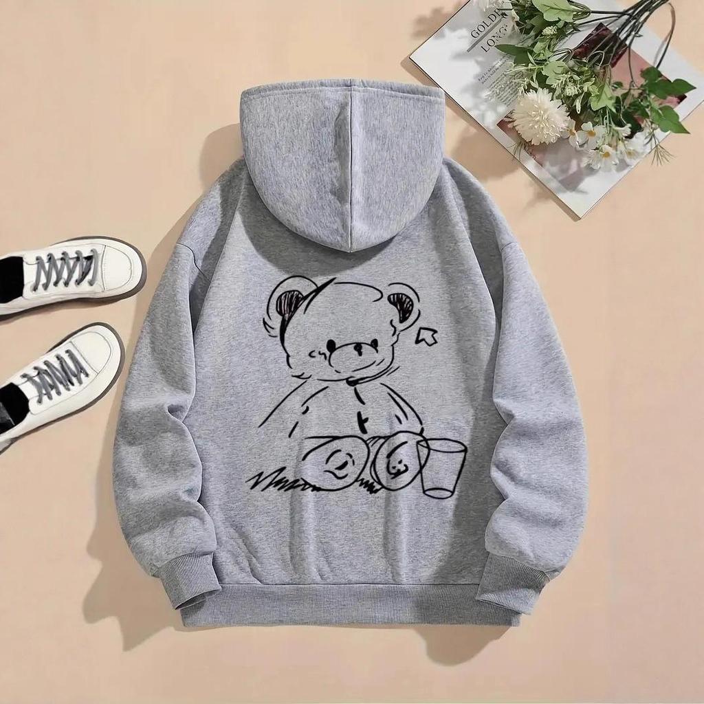 2025 Fashion Cute Bear Cartoon Pullover Hoodie with Drop Shoulder Sleeves