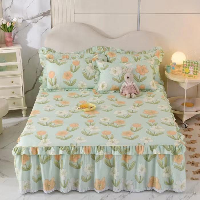 3pcs Sheet Set High Grade 100% Cotton Printed Bedspread King Queen Size Cute Pure Cotton Thick Bed Skirt with 2pcs Pillowcase