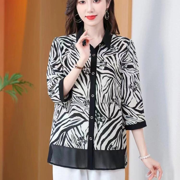 Middle Aged Mother Summer Outfit Three Quarter Sleeves A Stylish Base Small Shirt Middle Aged Elderly Women's Summer Shirt
