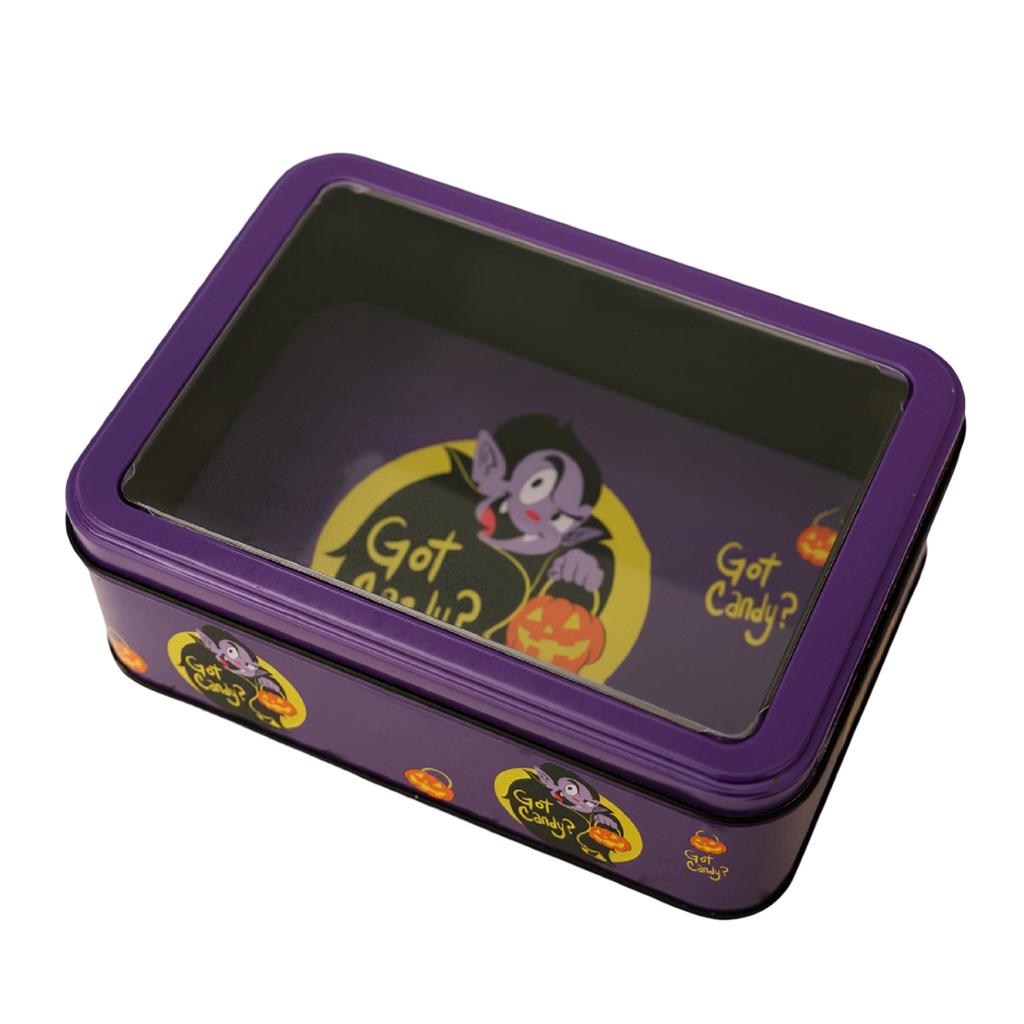 Rectangular Metal Tin Box with Transparent Lid for Candy Cookie Storage and Holiday Decorative Use Halloween Theme Design