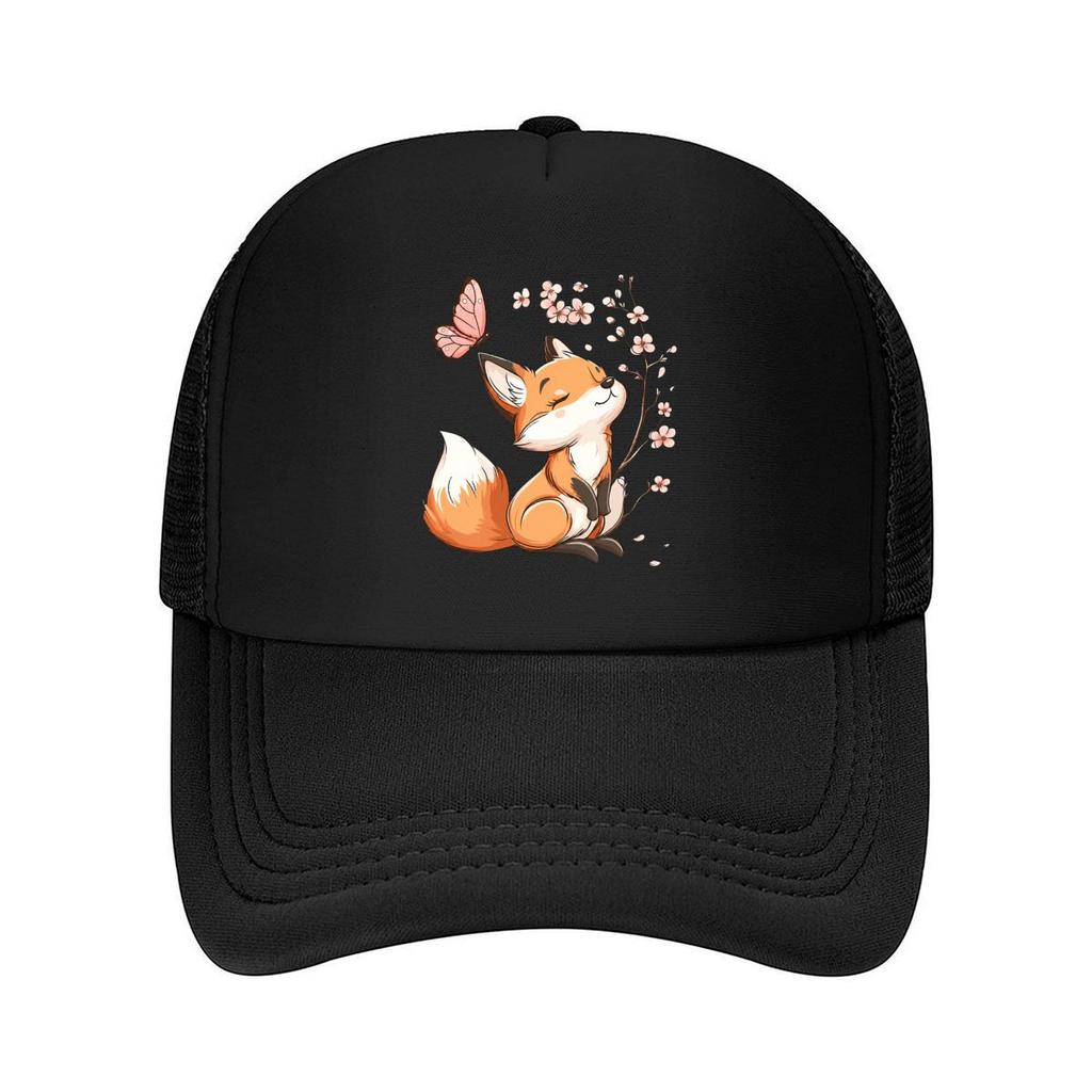 Little Fox Admiring Flowers Mesh Baseball Cap Casual Hat Outdoor For Womens Unisex FeUnisex