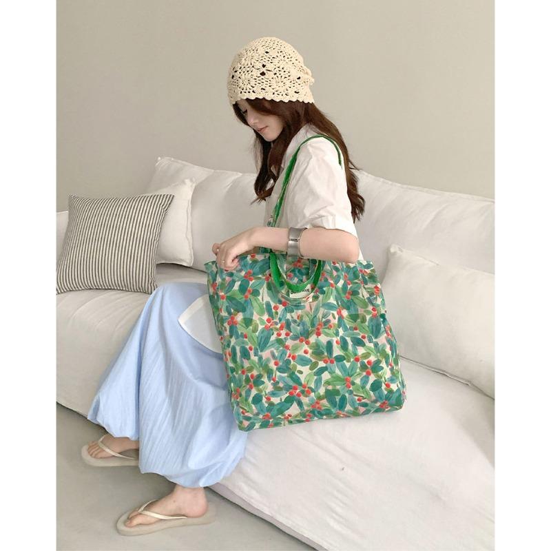 Spring and summer new products bright green double-sided bag fresh floral tropical shoulder bag summer versatile handbag