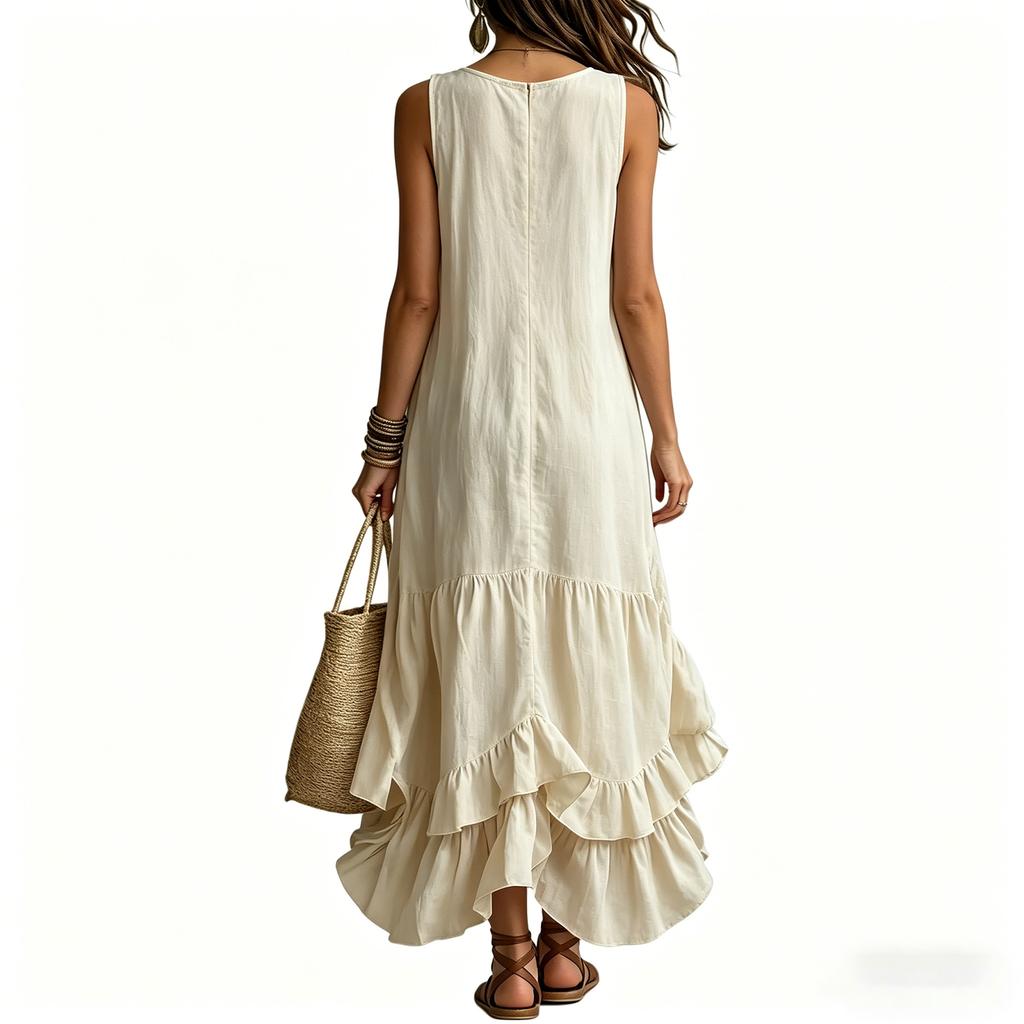 Ladies' Casual Sleeveless Cotton Linen V-neck Big Swing Dress