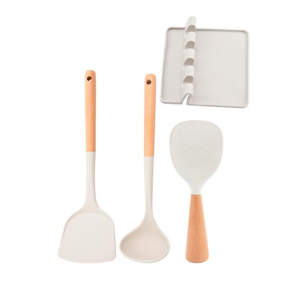 

Набір кухонного приладдя з 4 предметів: багатофункціональна силіконова лопатка, супова ложка, ложка для рису з підставкою. Термостійкі інструменти для смаження та сервірування. 4pcs