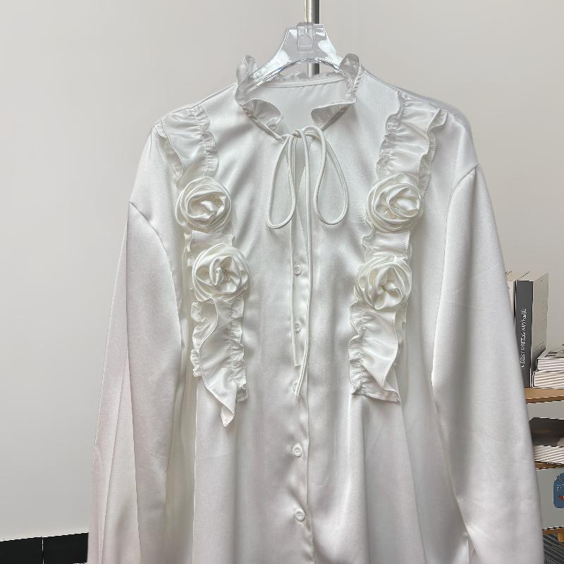 Fashion New Long Sleeve Loose Casual Shirt Women Elegant Solid Single Breasted Flowers Blouse Women Top Vintage Polo Collar Office Ladies Shirts 25807