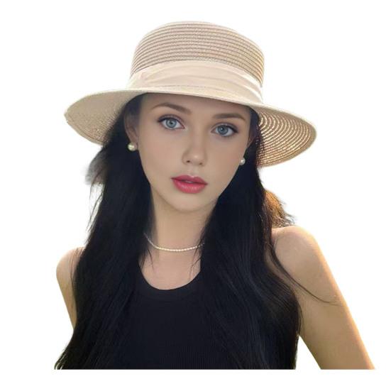 French Style Straw Hat with Large Brim Ribbon Decor Foldable Sun Protection Hat Summer Beach Travel Vacation Hat