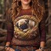 Autumn and Winter Women's Puppy 3D Printed Crew Neck Long Sleeve T-Shirt