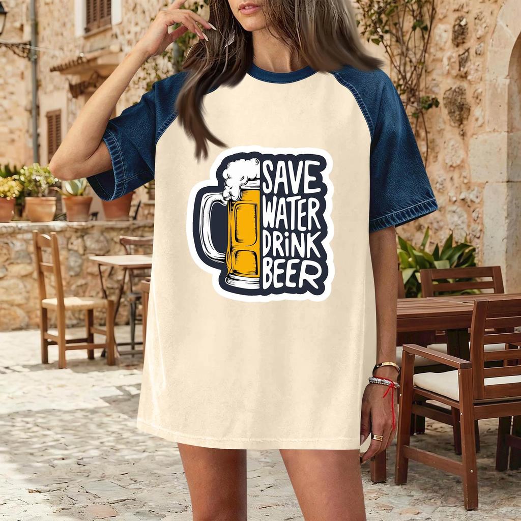Casual Women Denim Patchwork Oktoberfest Graphic T Shirt Comfortable Short Sleeve Loose Fit Top for Daily Wear