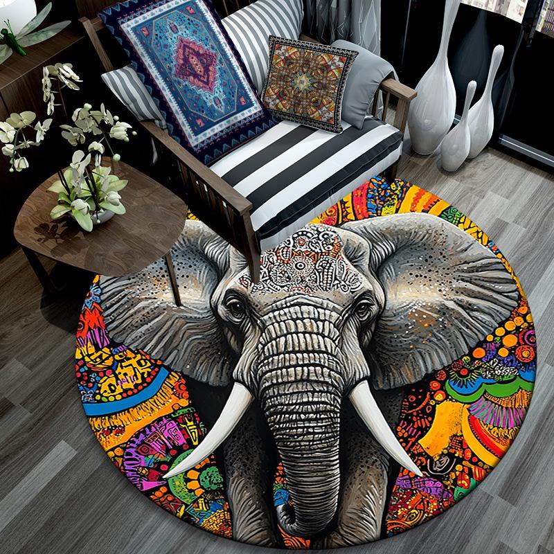 Elephant Mandala Round Area Rug,Carpet Rug for Living Room Bedroom Sofa Playroom Decor,Non-slip Floor Mat