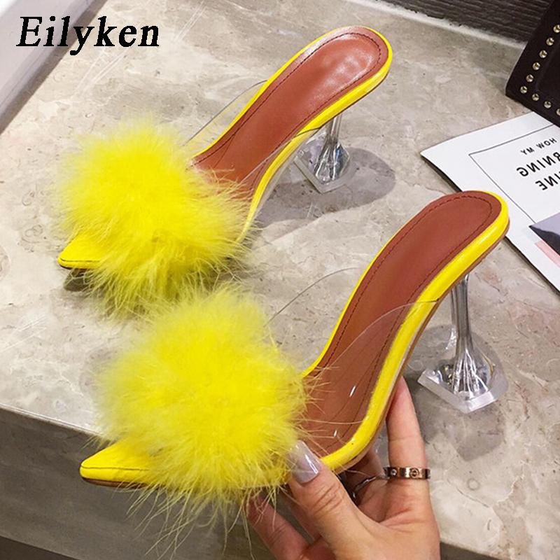Fashion Eilyken Design White Fluffy Pointed Toe Womens Slippers PVC Transparent Jelly Sandals Perspex Glass Spike Heels Shoes Pumps