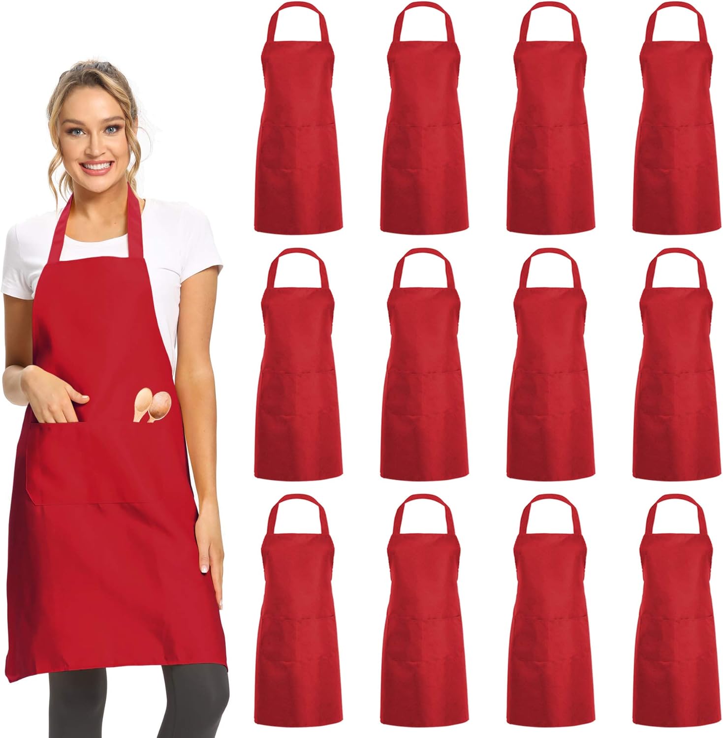 

12-60Pcs Unisex Apron Bulk Aprons for Women with Pockets Server Apron Kitchen Apron for Cooking Restaurant Painting Crafting 24Pcs бордовий