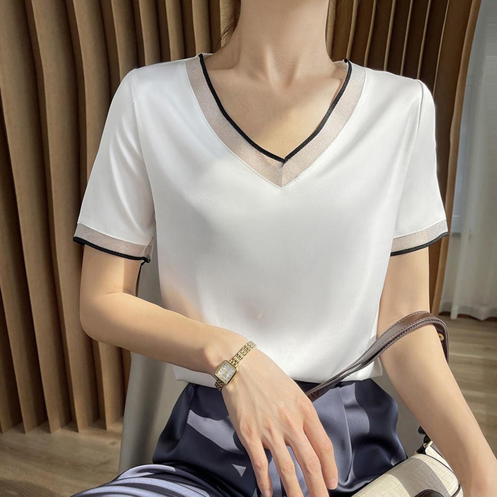 Peach Women Shirt 2026 Summer New Silk Satin Short Sleeve T Shirt Women'S Mesh Solid Color Vest Temperament V Neck Apparel Shirt