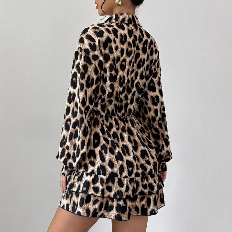Women's 2026 Spring Winter Leopard Print Satin Dress with Elastic Waist and Slimming Effect
