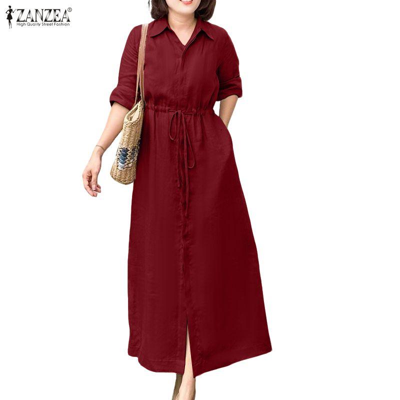 ZANZEA Women Casual Turn Down Collar Loose Long Sleeve Dress