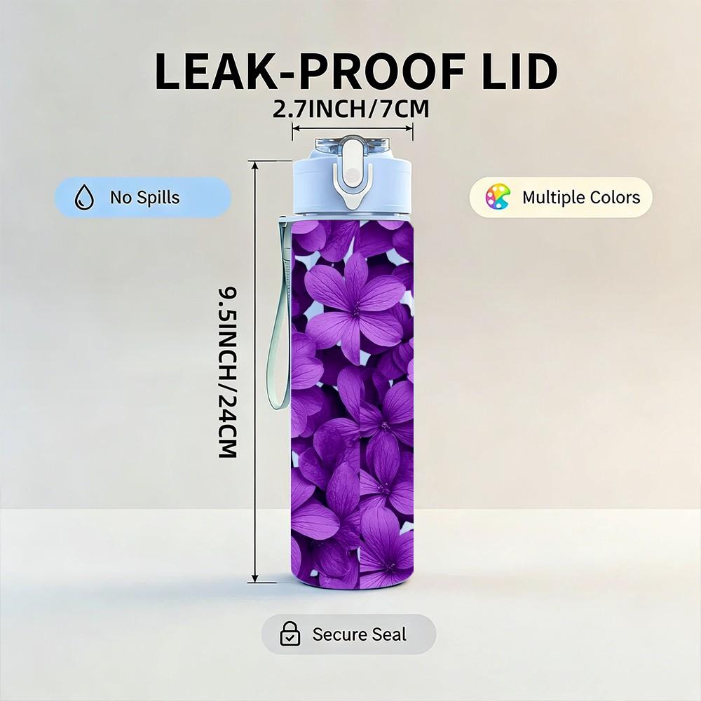 1PC Dense Purple Lilac Flower Cluster Print 750ml Color Plastic Sports Water Bottle Leakproof Flip Straw Lid Suitable for Sports Office Home Use