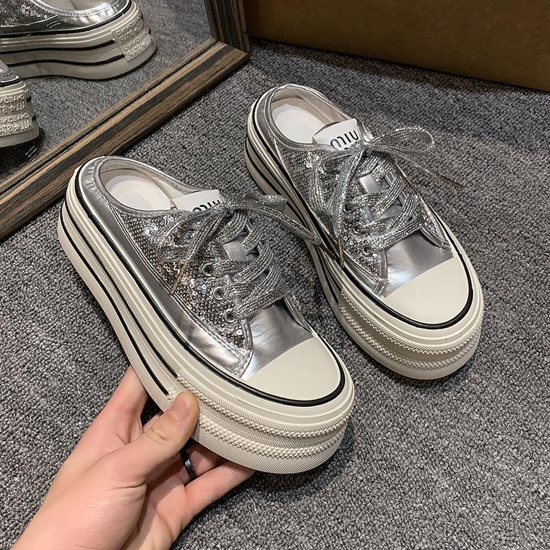 European products popular bag head half slippers women's 2025 spring new thick-soled heightening niche canvas shoes super fire white shoes