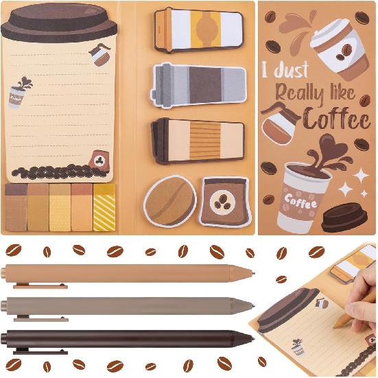 Coffee Themed Gifts for Coffee Lovers, Coffce Sticky Notes Pads with 3 Ballpoint Pens, Self-Stick Notes Pads Animal Divider Tabs Bundle Writing Memo