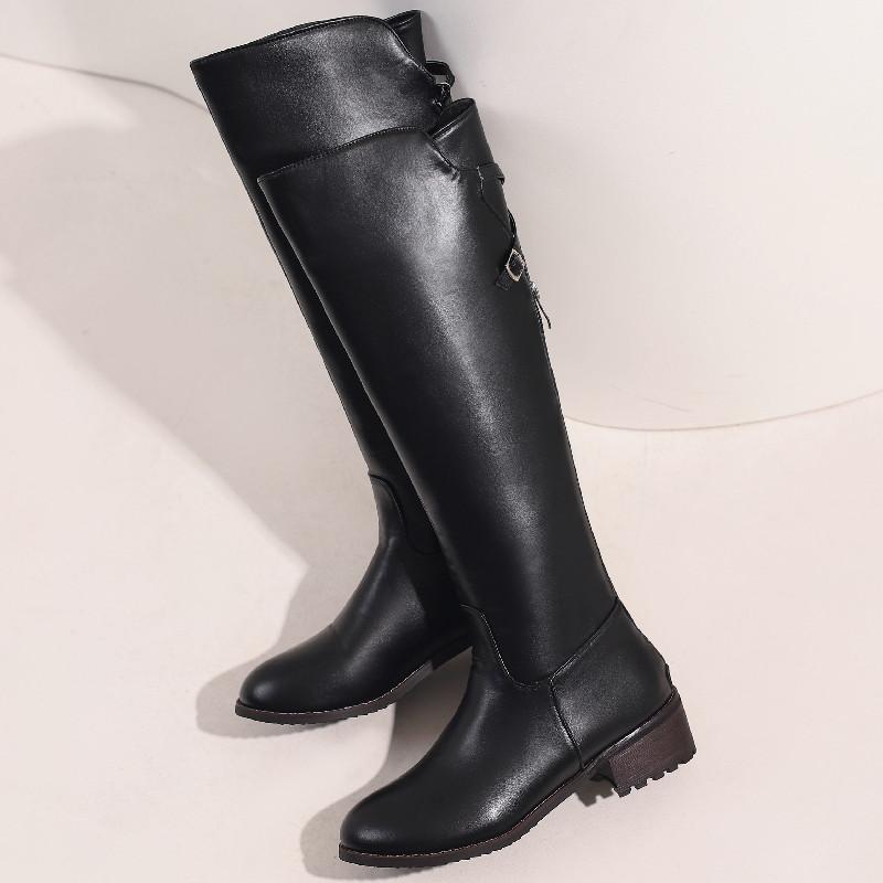 Vintage Knee High Boots Women Black PU Leather Low Heels Buckle Riding Boot Female Winter Shoes Ladies Large Size 48 Brand