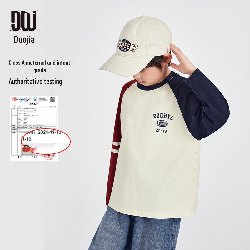 Boys' American-Style Long-Sleeve Cotton T-Shirts with Stripes, Contrast Sleeves - Ideal for Spring and Autumn.