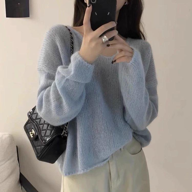 Women's V-Neck Knitted Sweater - Early Autumn, Versatile, Loose Fit, Solid Color