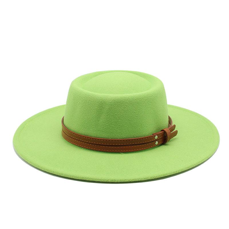 French Double Belt Buckle White Woolen Hat Flat Top Top Hat Female British Retro Style Wide Brim Felt Hat