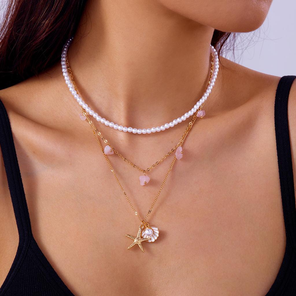 Double Layered Imitation Pearl Starfish Shell Pendant Necklace for Women Ocean Style Summer Beach Jewelry Travel Party Gift