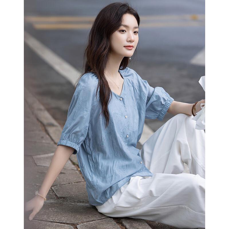 Demana Women s Embroidered V-Neck Mid-Sleeve Blouse L