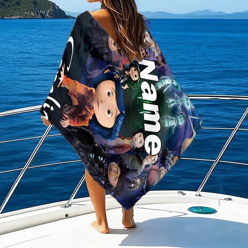 1pc Coraline2 Beach Towel with Custom Name, Beach/Swimming/Bath/Picnic/Camping Towel, Suitable for Seaside Beaches