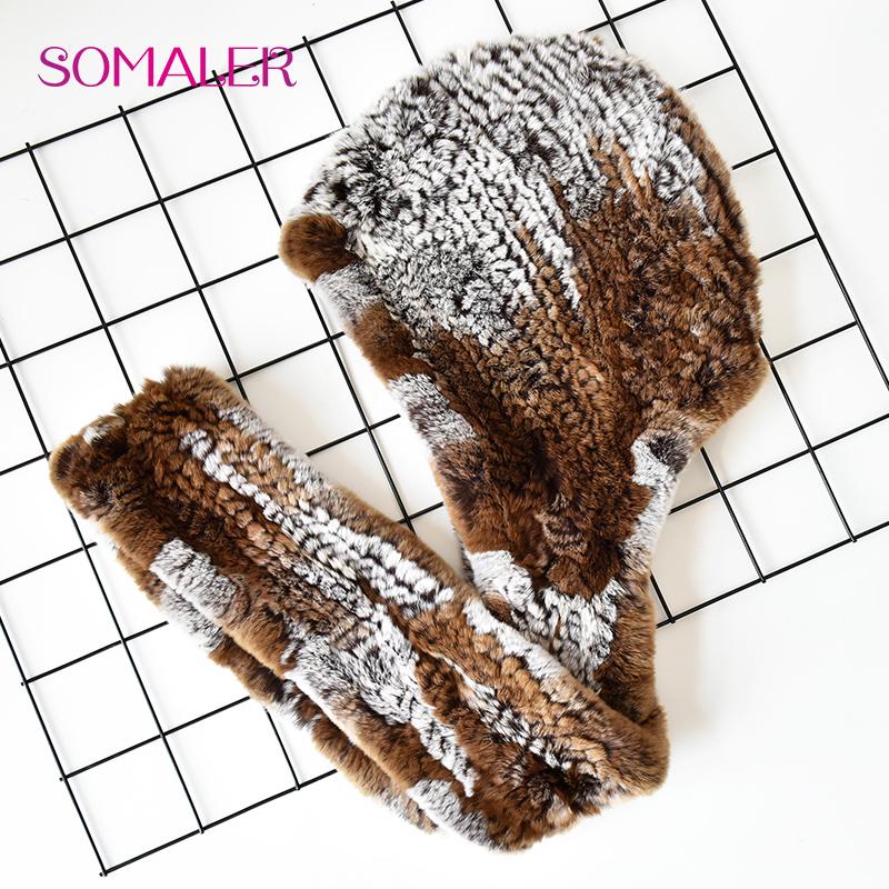 SOMALER Vinter kaninpelshue Skjerf for kvinner Russisk stil strikket pelsbeanies og skjerf