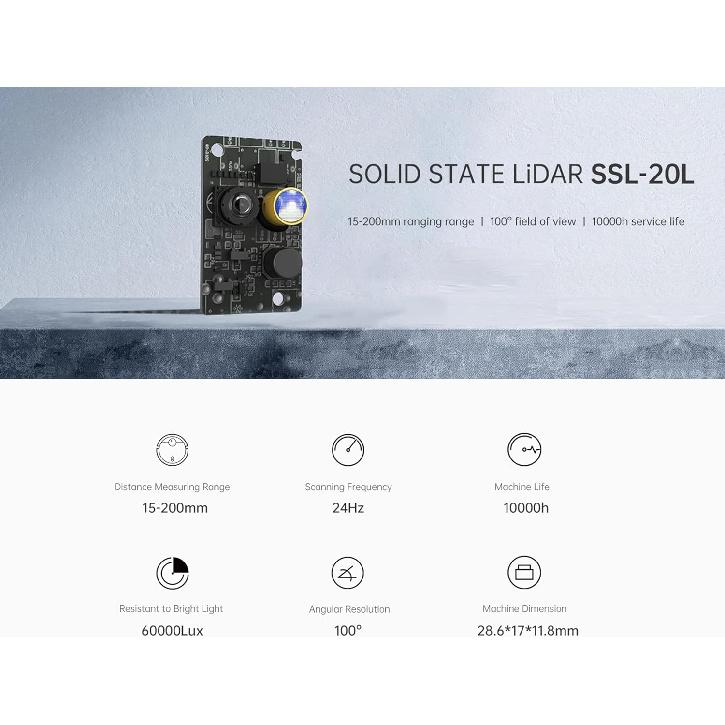 WayPonDEV SSL-20L Solid State 24Hz FOV 100° Lidar Sensor Scanner, 15-200mm Scanning Distance Ranging Rangefinder, Small Size Robotics Lidar Scanner