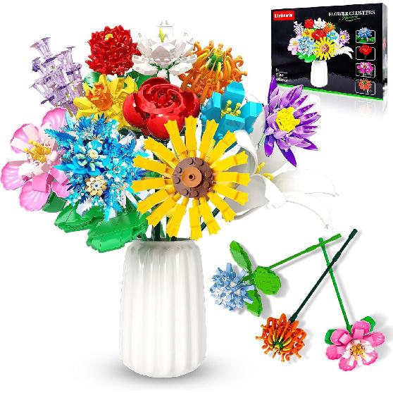 Flower Bouquet Building Set,980PCS Creative DIY Plant Bouquet Decoration,12 Artificial Flowers Botanical for Adults Women Girls Ages 6+,Idea Gifts