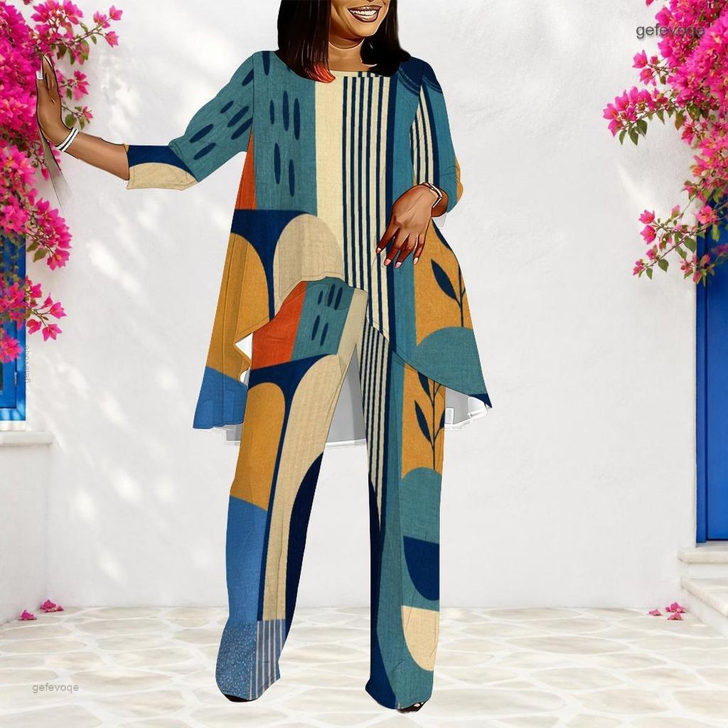 Women Plus Size Round Neck Long Sleeve Printed Layered Top Long Pants Two Piece Set