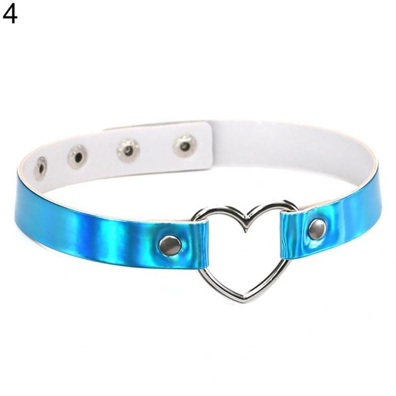 

Women s Chic Holographic Metal Open Heart Faux Leather Necklace Choker Gift синий