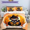 3pcs Black Pumpkin and Cat Quilt Cover Set - Soft & Comfortable Polyester Fabric, All-Season Breathable Comforter Set For 1 Quilt Cover & 2 Pillo