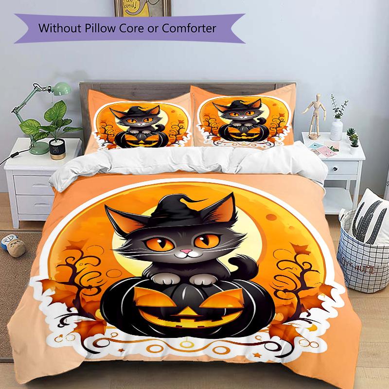 

3pcs Black Pumpkin and Cat Quilt Cover Set - Soft & Comfortable Polyester Fabric, All-Season Breathable Comforter Set For 1 Quilt Cover & 2 Pillo 135x200cm