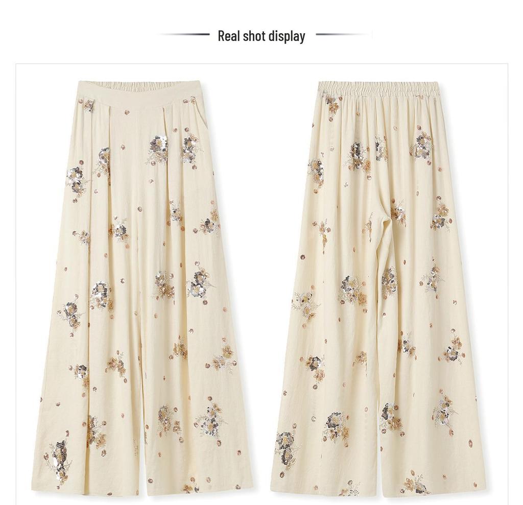 Pantaloni Larghi da Donna di Lusso Ricamati con Paillettes Floreali e Fibbia a Fiore di Prugno - Pantaloni Stile Nazionale P0179