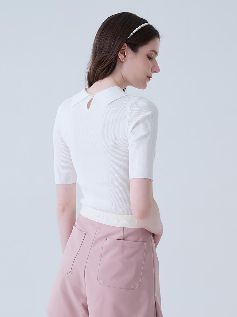 LORDLOAR Back Slit Collar 3/4 Sleeve Knit White