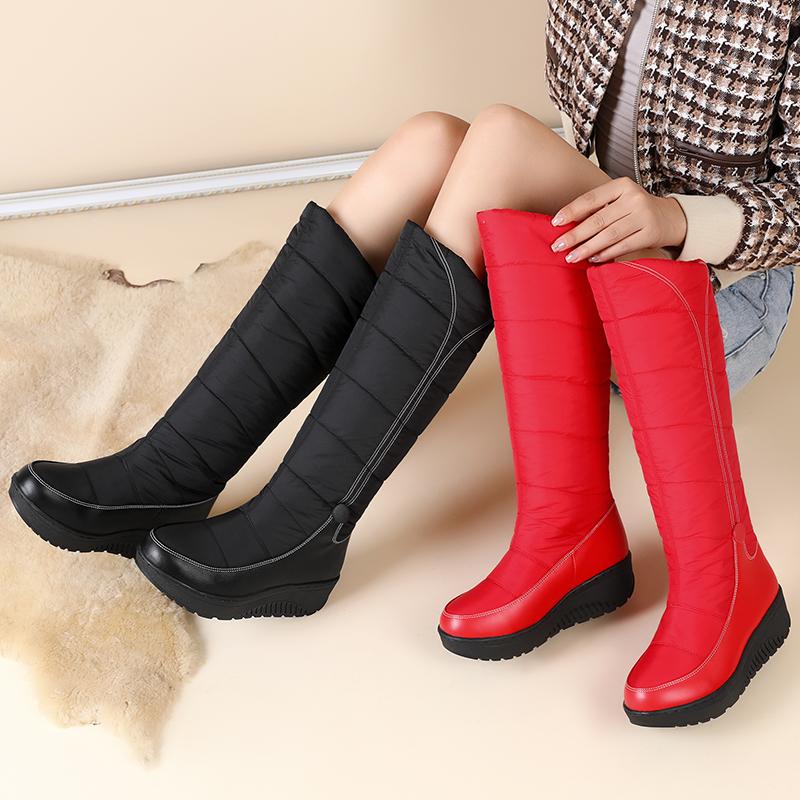 Winter Women Snow Boots Mid Calf Concise Padded Cotton Down Patchwork Leather Shoes Sewing Warm Plush Black Red Waterproof Boots