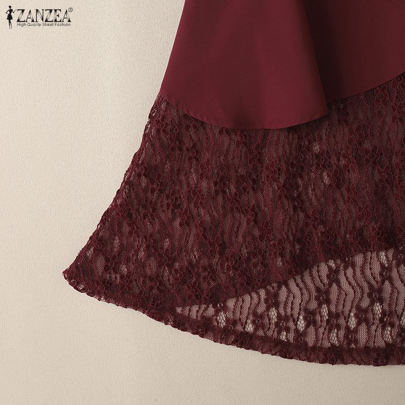 ZANZEA Women Elastic Waist Casual Lace Patchwork Irregular Pleated Skirts