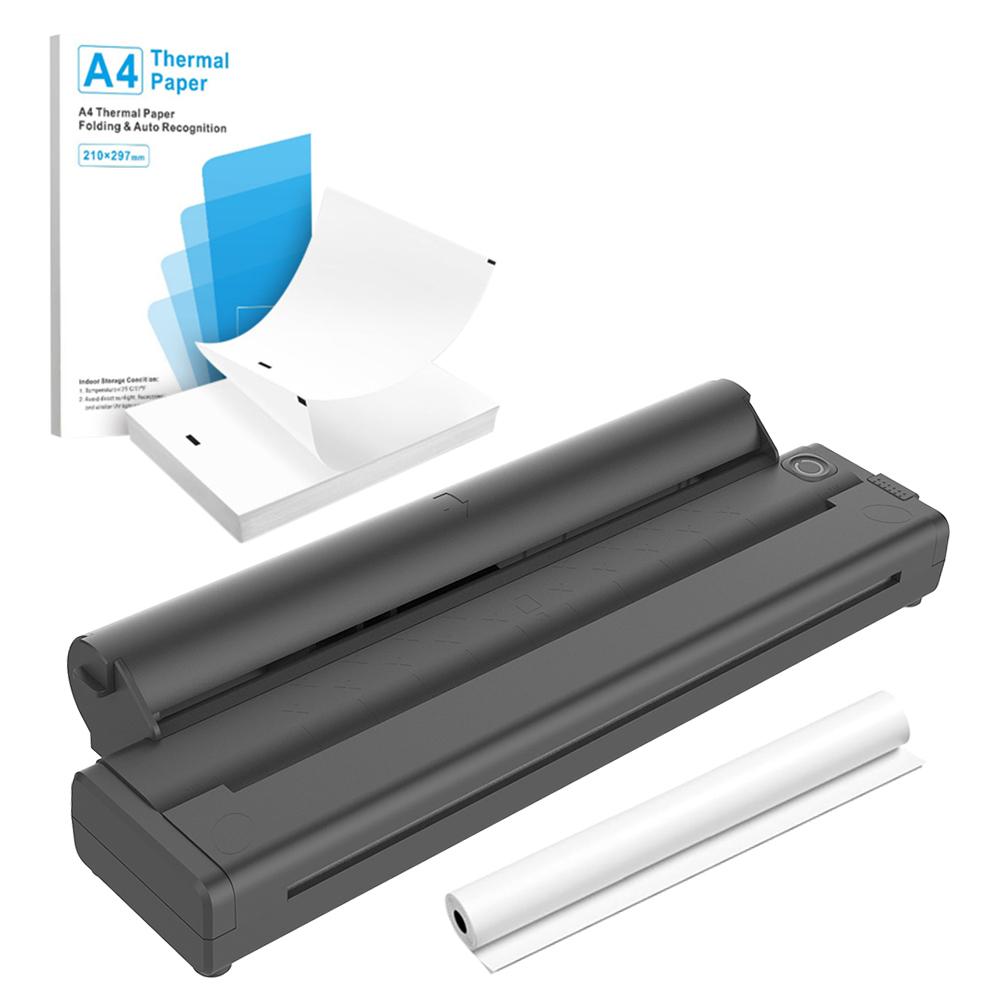 

Беспроводной мобильный дорожный принтер без чернил, совместимый с Bluetooth, термопринтер A4, 203 DPI с печатной бумагой для домашнего офисного использования чёрный