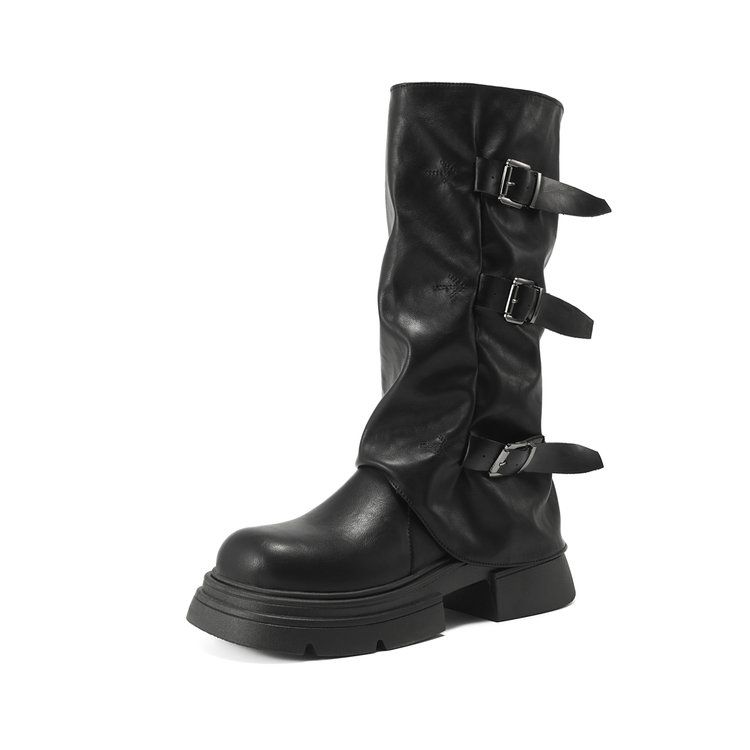 Fashion Leather Platform Mid Calf Shoes Woman Work Trend 2025 Large Size Half High Boots for Women Gyaru Gothic On Offer Waterproof Boot