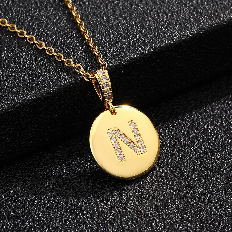 Letter Necklace Fashion 26 One Letter Copper Inlaid Cubic Zircon Vacuum Plating Stainless Steel Chain Necklace