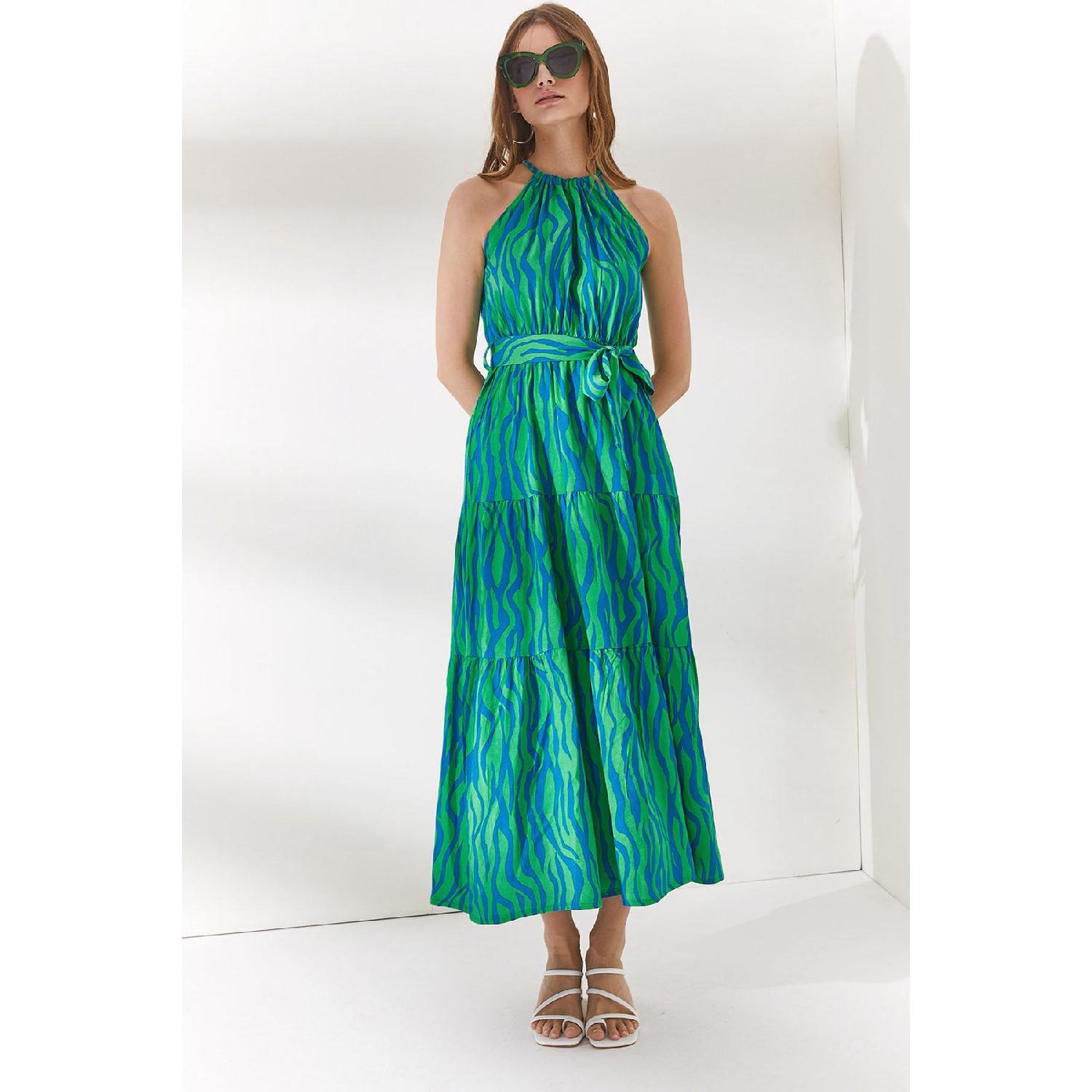 

Женское зеленое платье из висконовой ткани с воротником-халтером и поясом Elb-19001548 L фуксия