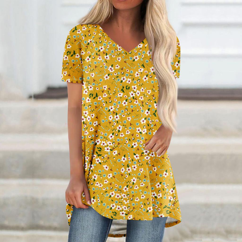 Ladies Short Sleeve Pleated Loose Tops Plus Size Casual Tops V Neck Short Sleeves Casual Summer T Shirts Ladies Tops T Shirts Shirts