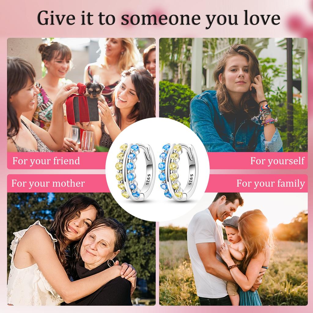 Orstarry S925 Silver Hoop Earrings Sparkling Blue Yellow Zircon Jewelry For Women Party Gifts