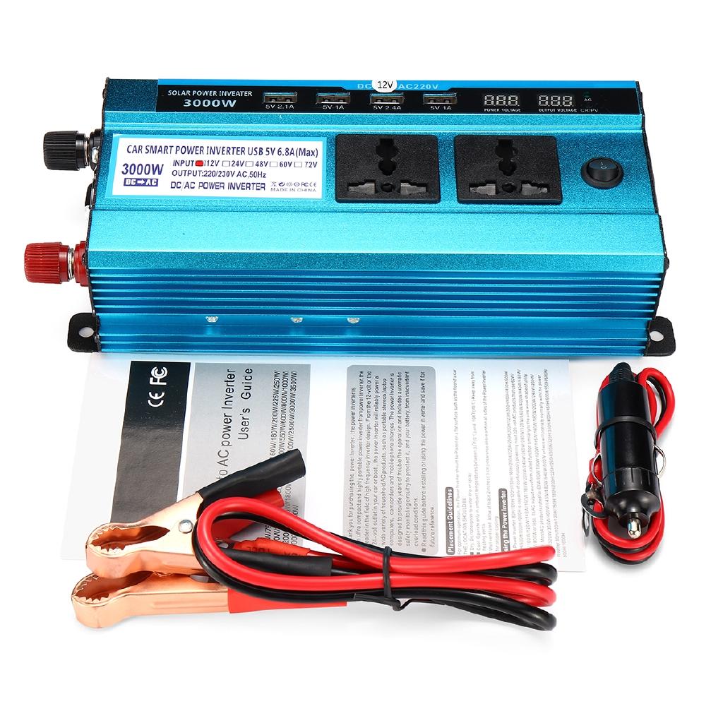 LED Display 12V DC To 220V AC Sine Wave Converter Lot Blue 2000W Solar Power Inverter